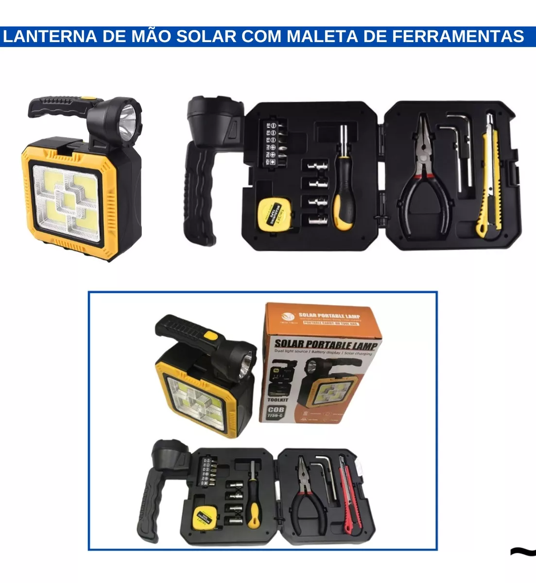 Linterna, Kit de herramientas, Panel Led y cargador