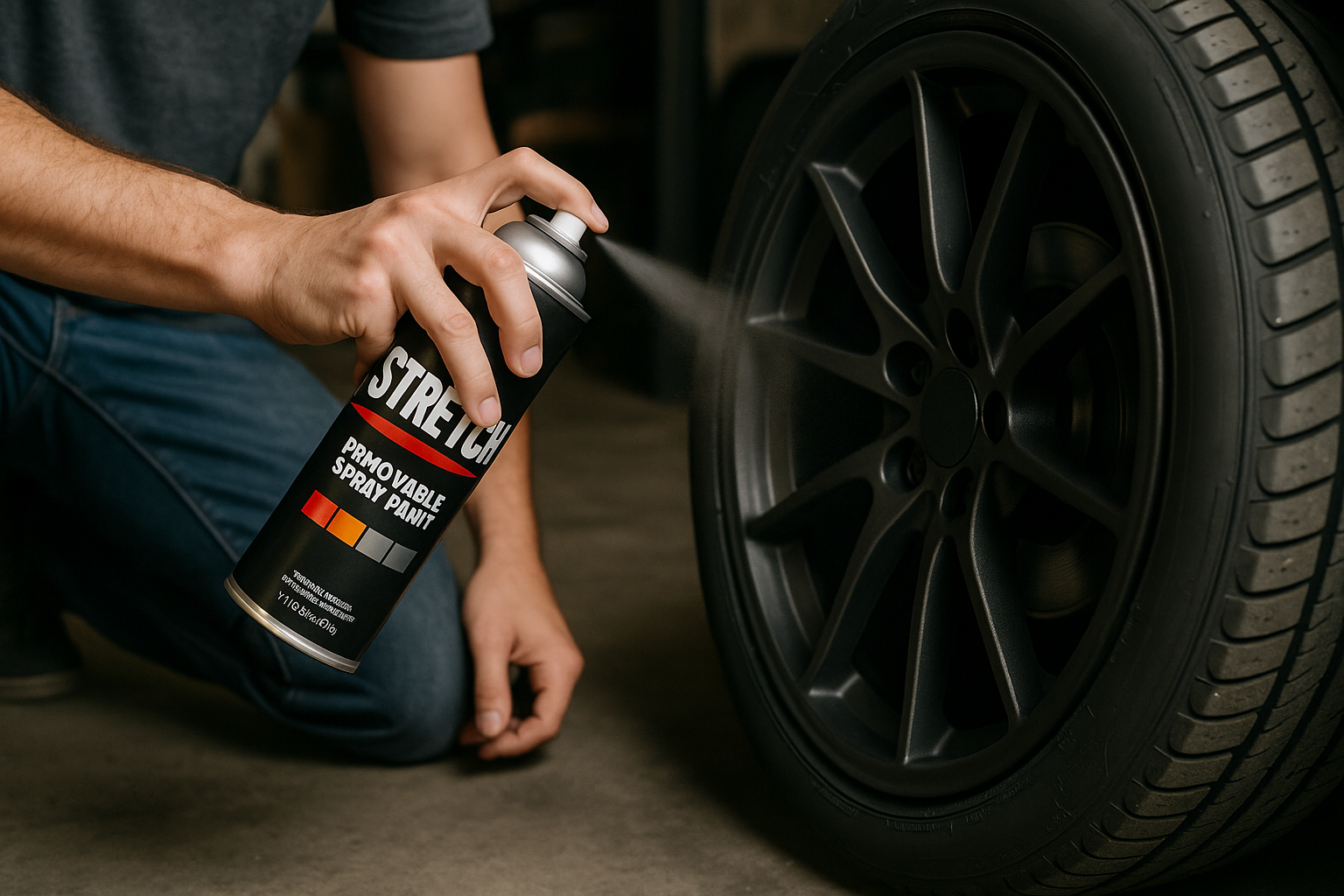 es un spray en aerosol de la marca stretch de pintura removible, quiero que salga alguien sosteniendo el producto y que se vea que esta pintando un llanta